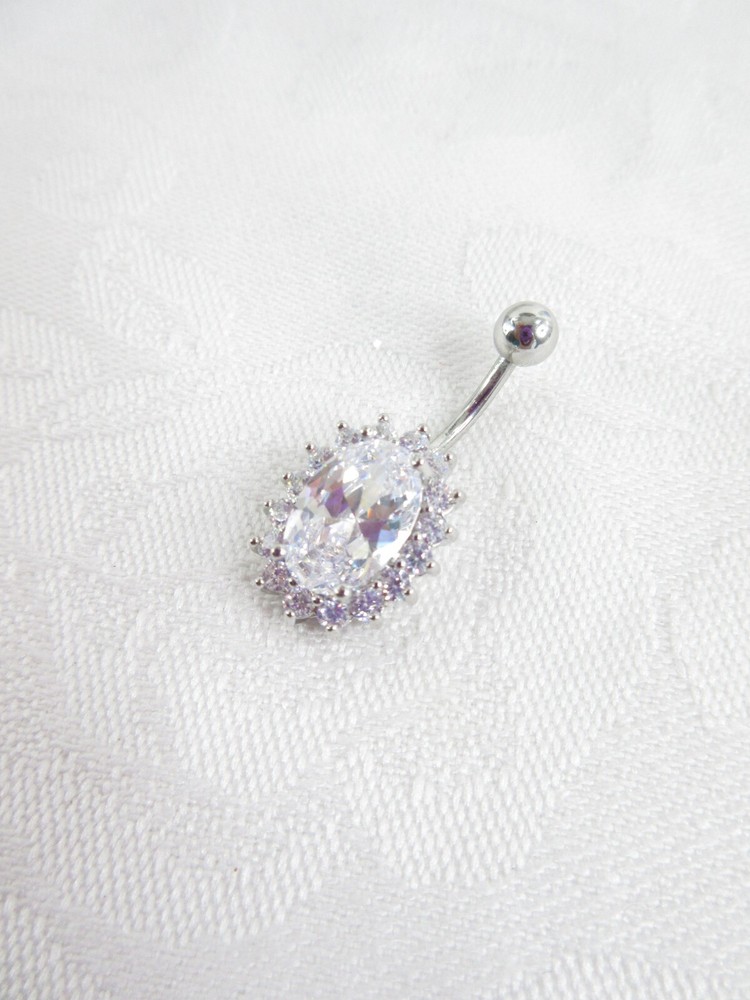 Rhinestone Oval Princess Belly Button Ring Charm Silver Bling Elegant STUNNING