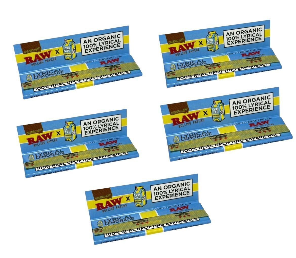 🤤 5 X RAW LYRICAL LEMONADE KING SIZE WIDE ORGANIC HEMP ROLLING PAPERS 🔥 NEW 🔥