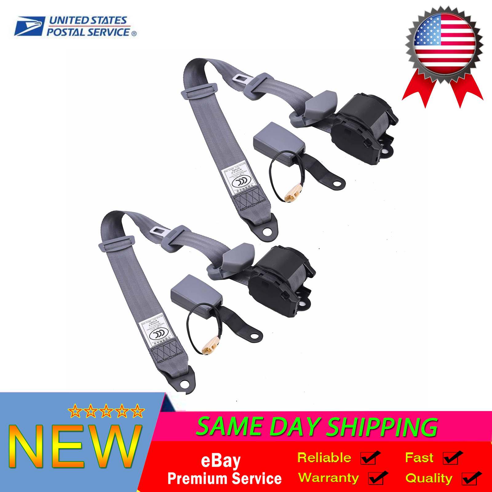 2* Retractable 3 Point Fixed sensor Seat Belt Straps Car Adjustable Belt Gray