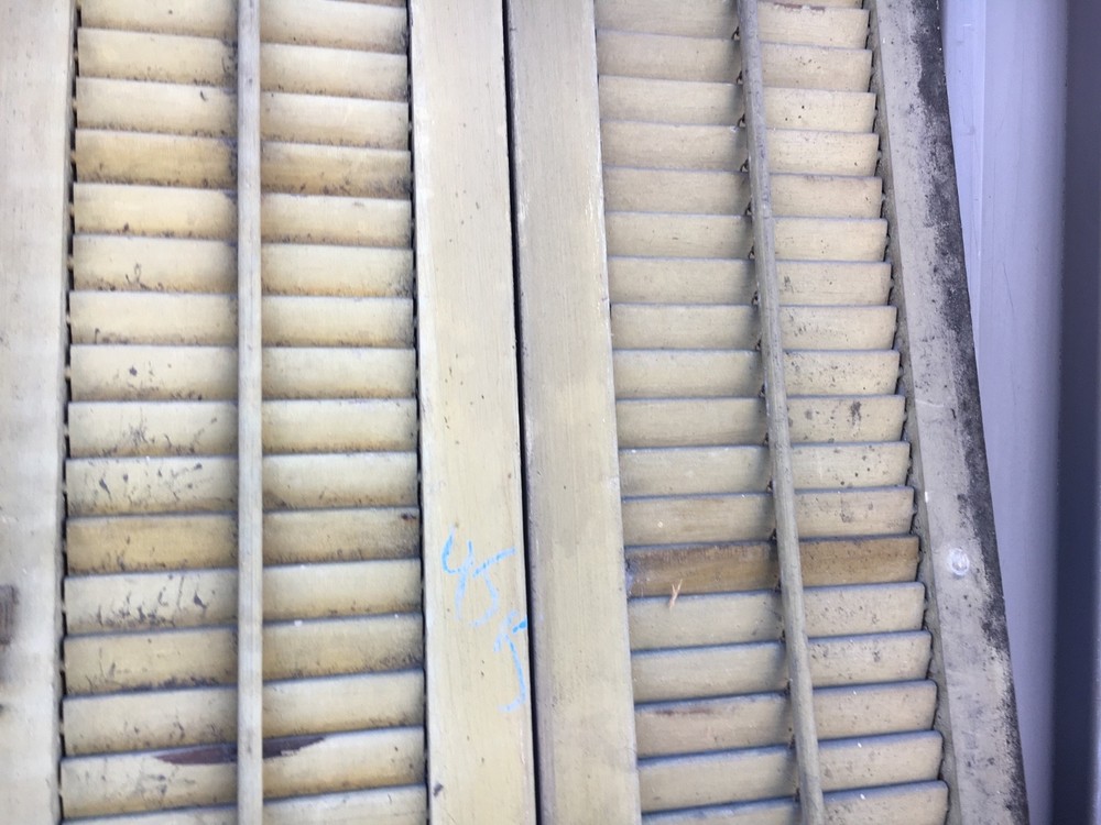 Tall pair c1900 interior louvered split panel shutters mustard 92.5" x 20" wide