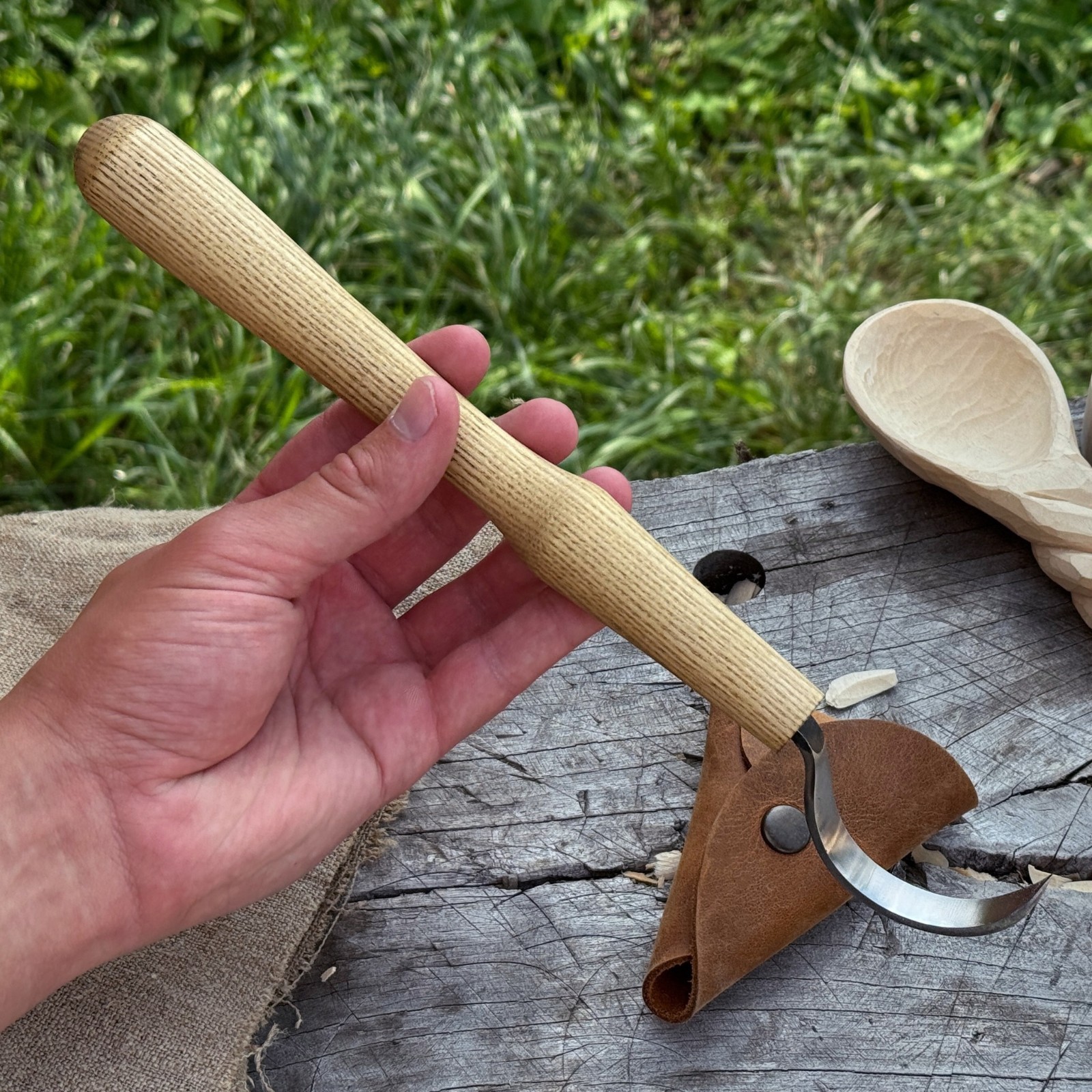 Long Hook Carving Knife 2.36'' Blade For Bowls Spoons Carbon Steel Ash Handle