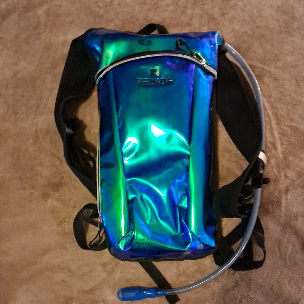 Hydration Backpack Pack with 2L Water Bladder Rave Essentials Holographic Green