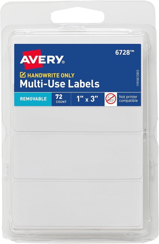 Avery Multi-use Removable Labels, 1" X 3", White, Non-printable, 72 Blank .