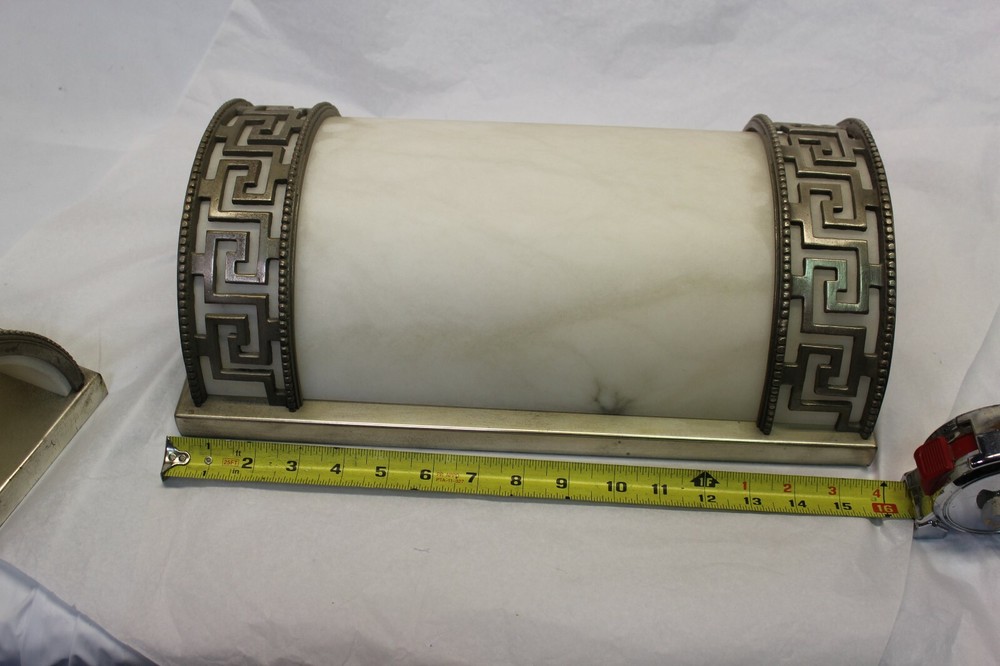 Art Deco Sconces ,Large Size , Real Alabaster , Silvered Bronze frames the Pair