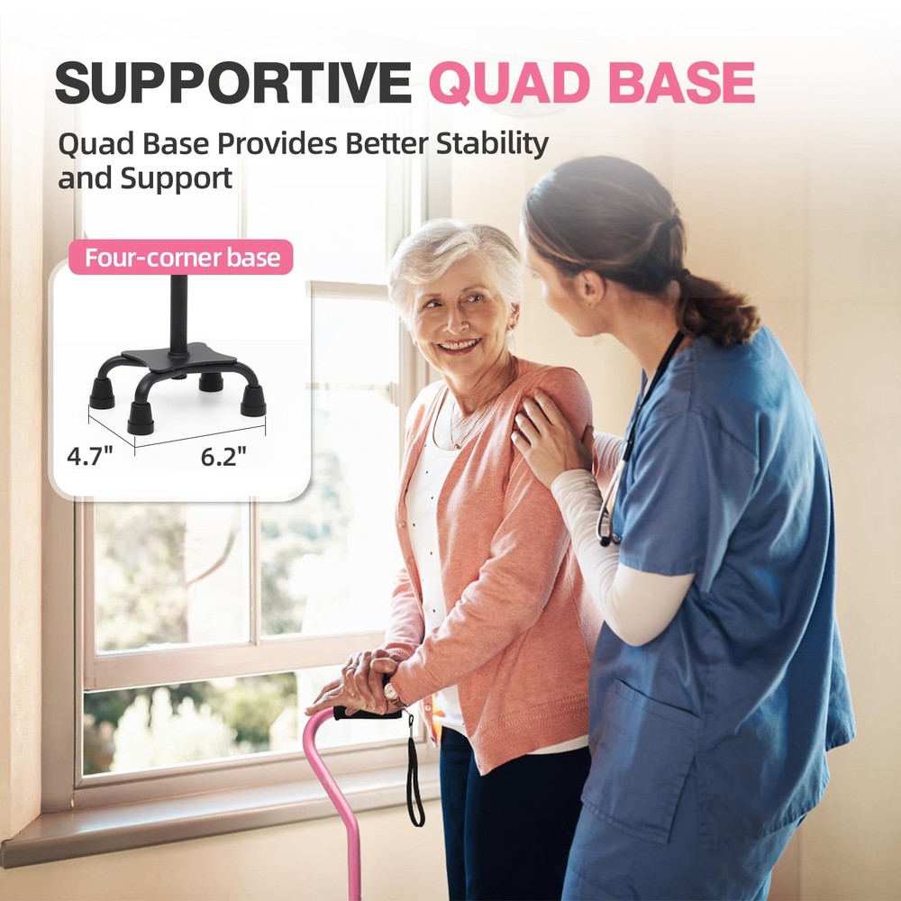BeneCane Quad Cane Adjustable Walking with Offset Soft 10 Size, pink