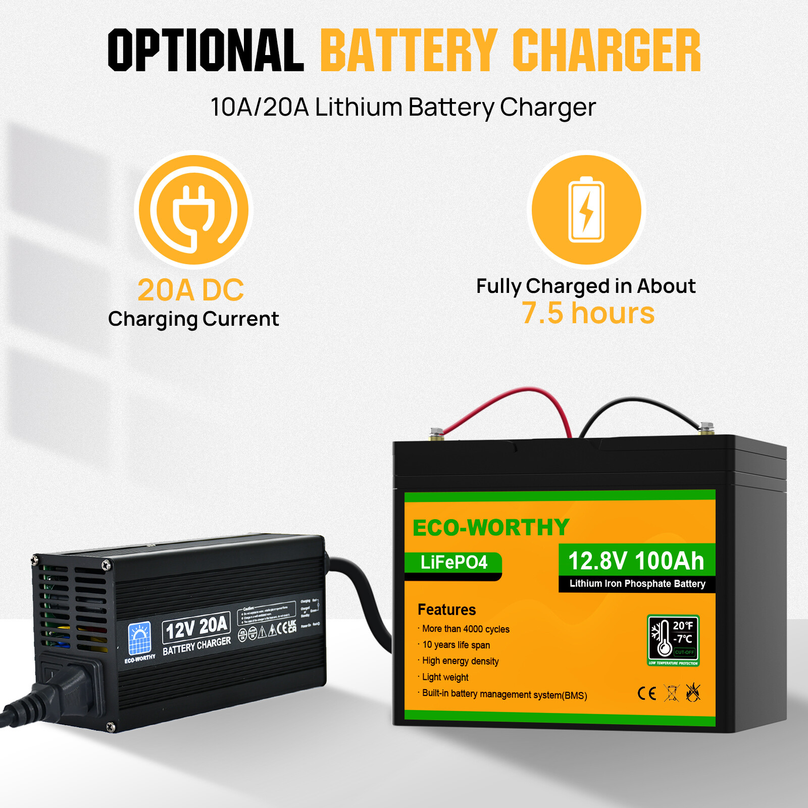 ECO-WORTHY 12V 100AH 1280Wh LiFePO4 Lithium Battery Low-Temp For RV Solar Panel