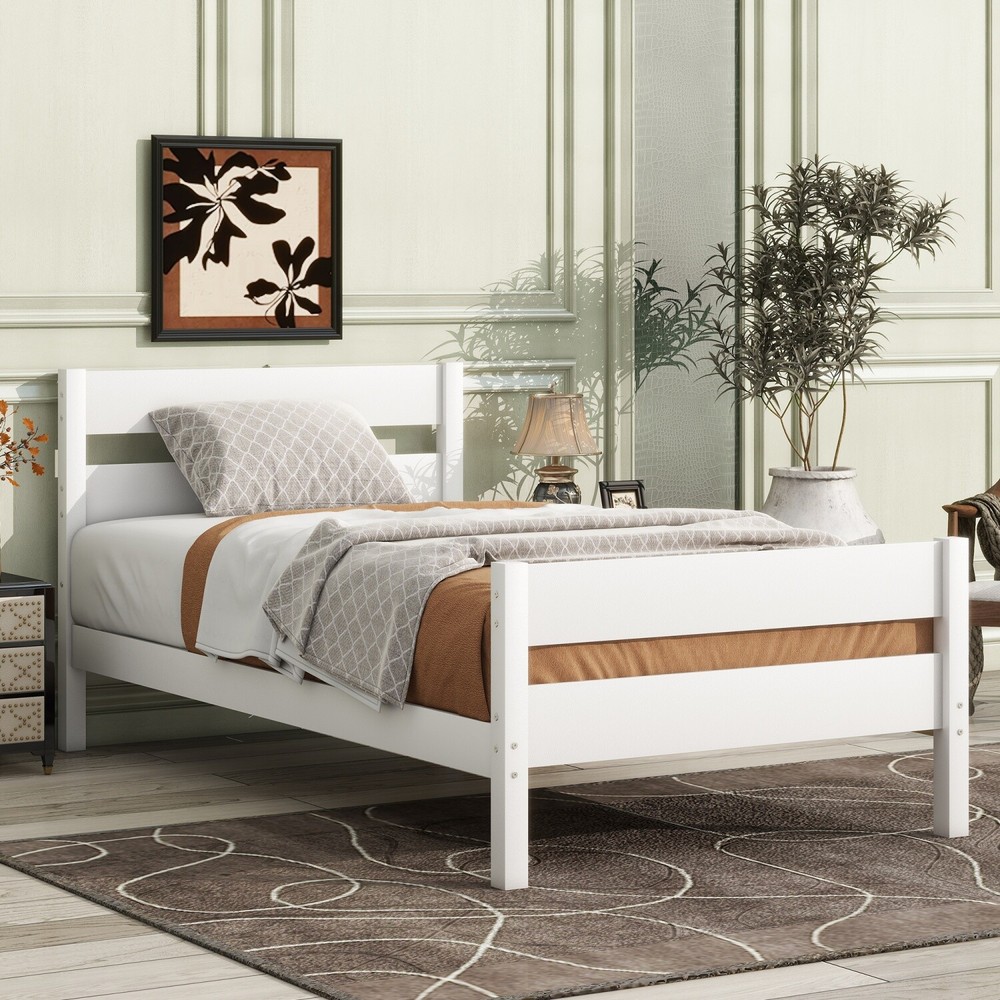 Twin Size Bed Frame Wooden Platform Bed Frame with Headboard White/Espresso