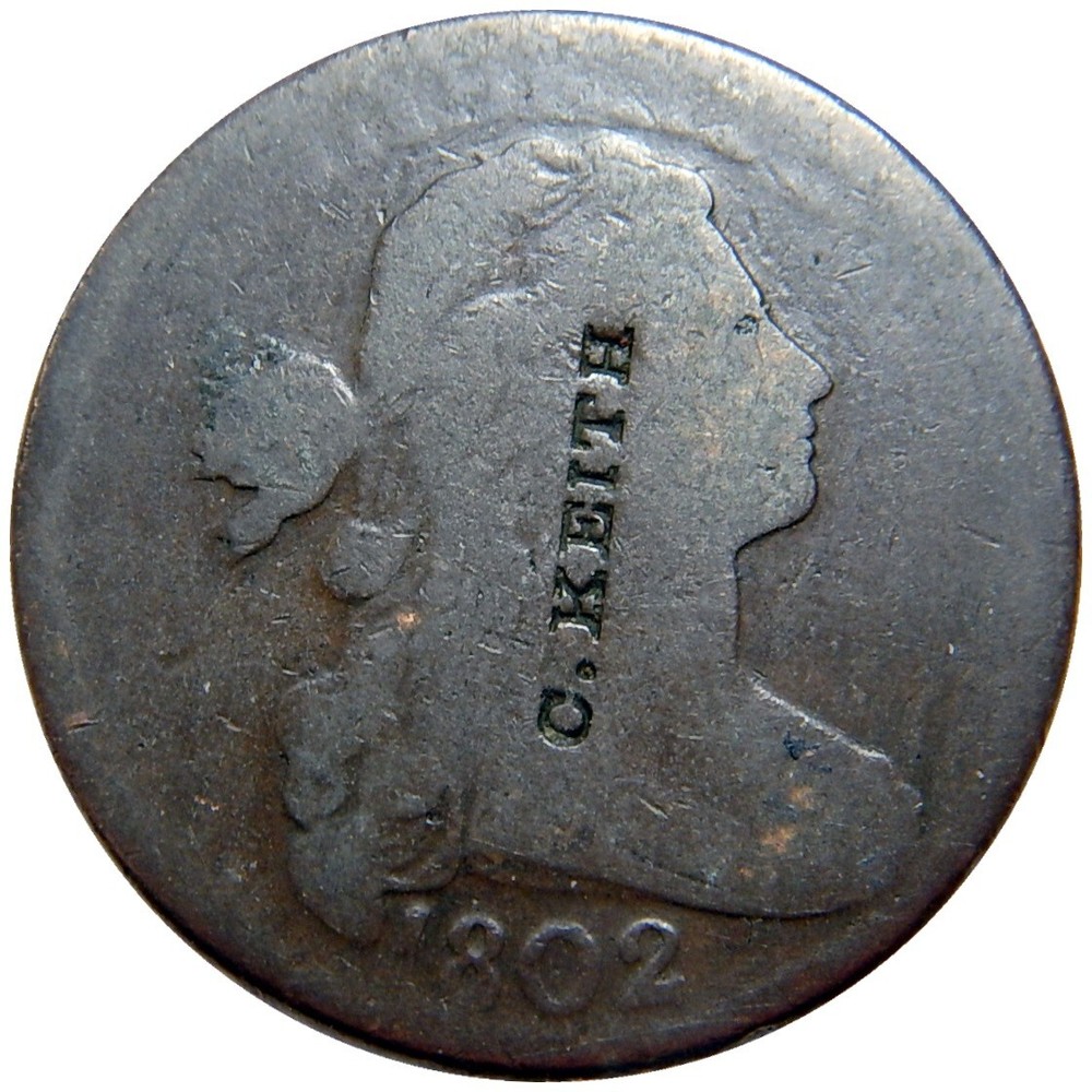 Large cent 1802 choice with counterstamp C. KEITH