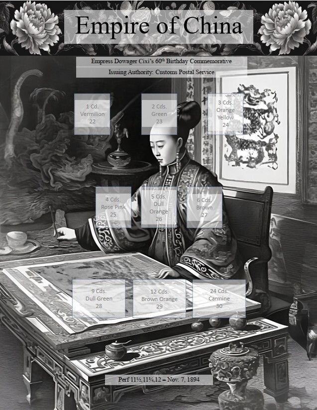 CHINA  STAMP ALBUM PAGES 1894  Dowager Empress Cixi 60th CHAN 22-30(1 PDF page)