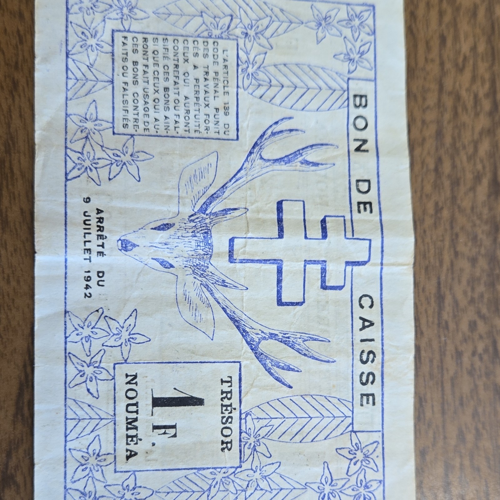 New Caledonia 1 Franc Bon de Caisse Treasury Note 1942 No. 077391