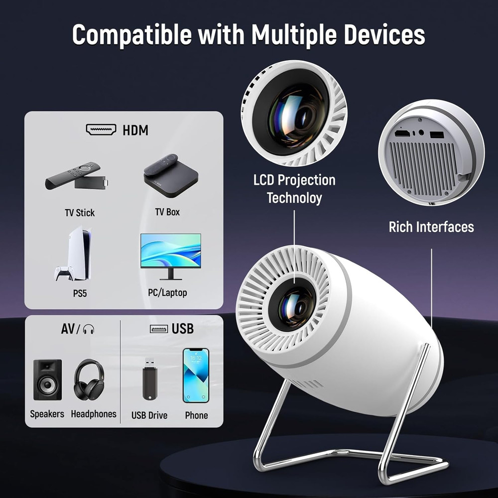 Mini Projector, Projector with Wifi and Bluetooth, 4K 1080P Support Portable Pro