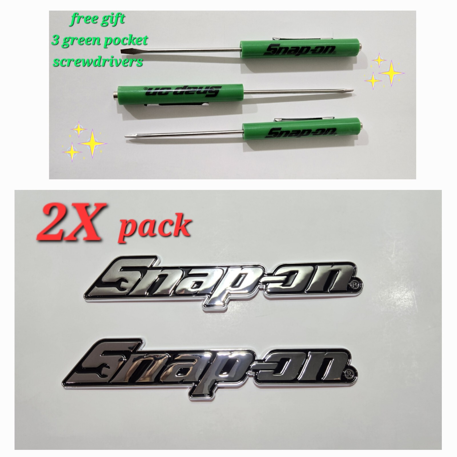 2PK SNAP ON TOOL BOX LOGO EMBLEM Chrome Plastic Badge Decal 8" + 3 Green Drivers