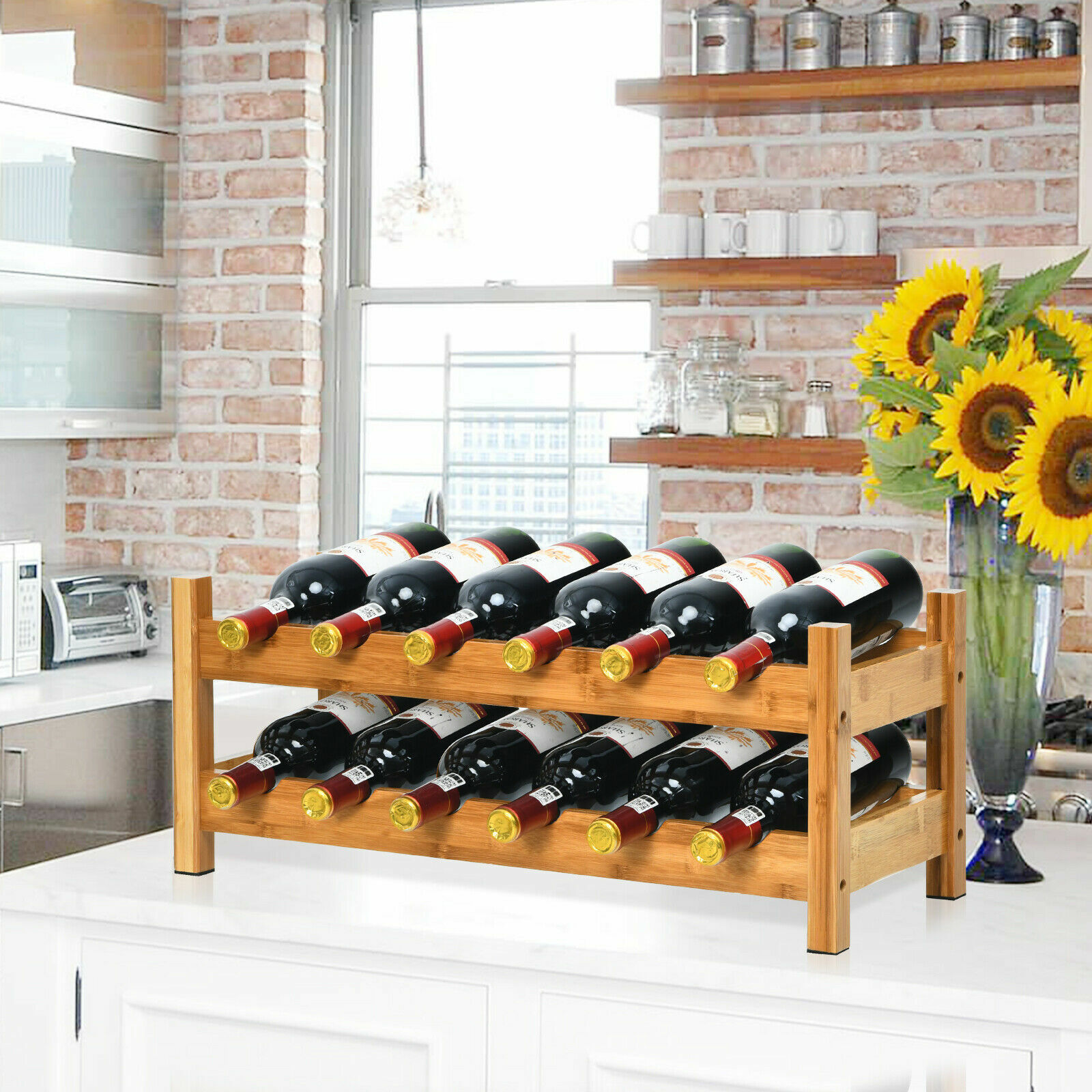 2-Tier Bamboo Wine Rack 12 Bottles Display Storage Shelf Holder Kitchen Natural