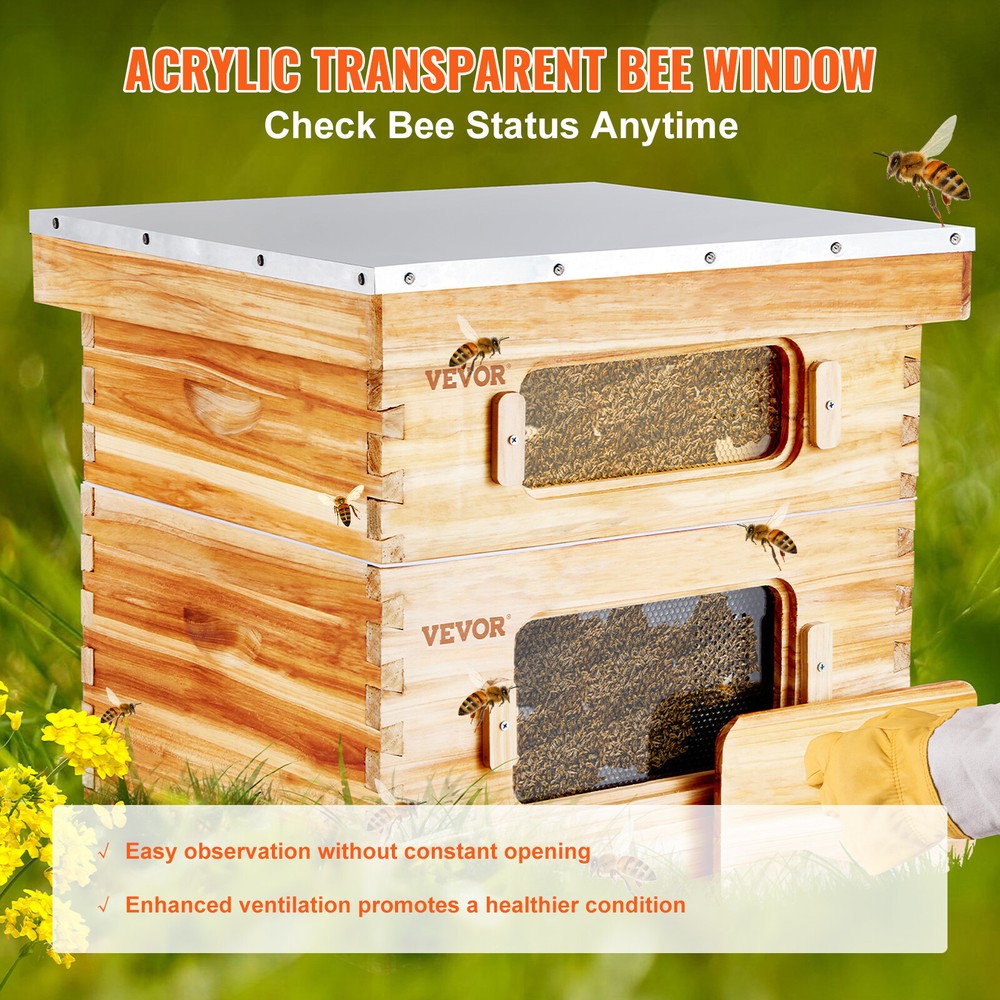 VEVOR Bee Hive Langstroth Kit 10 Deep & 10 Medium Frames with Acrylic Windows