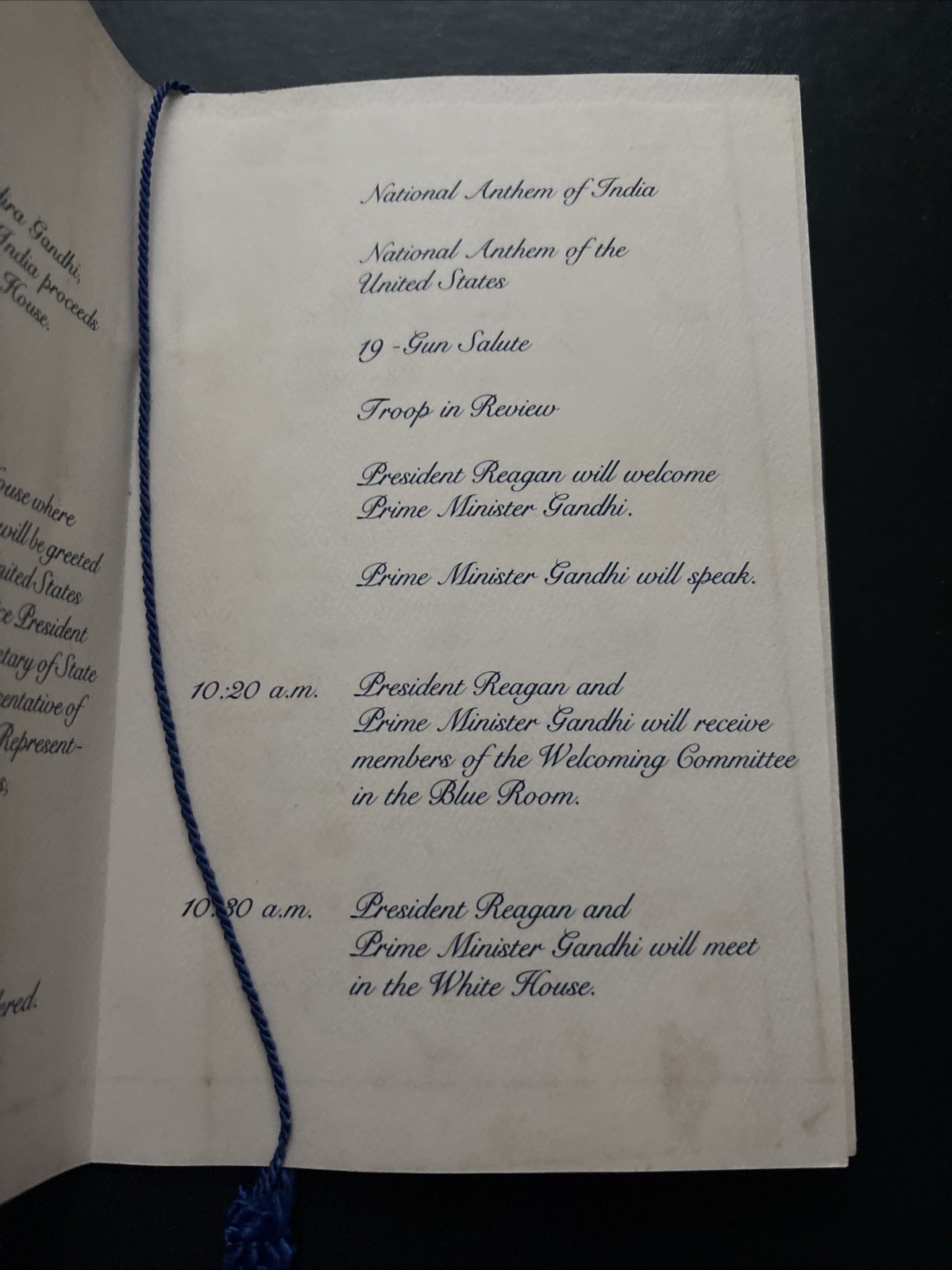 1982 Ronald Reagan White House Arrival Ceremony Program Prime Minister of India