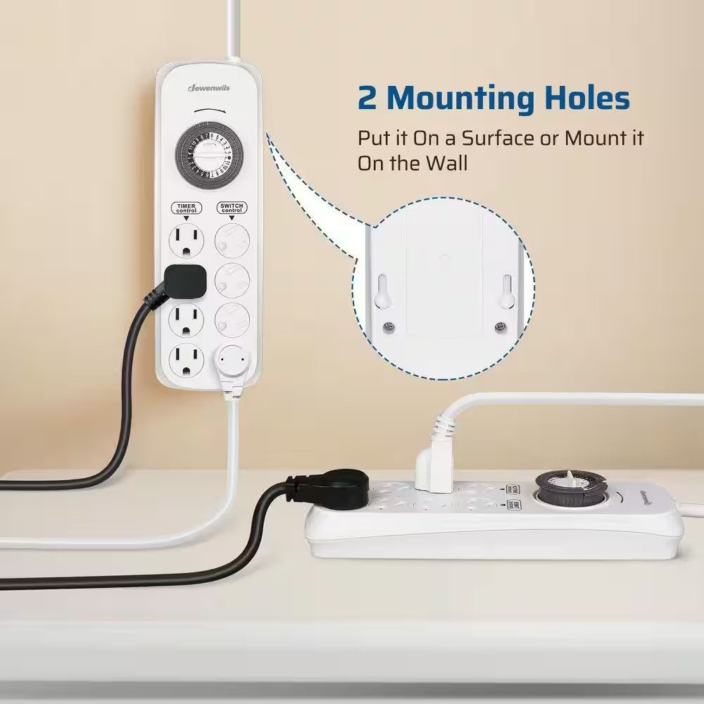 Mechanical Indoor Timer Power Strip with 8-Outlets, Countdown, Flat Plug, 6 Ft.