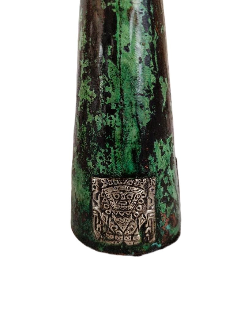 1960’s Peru Copper 7" Candle Holder Pair Inlaid Silver Incan Motif Deities Llama