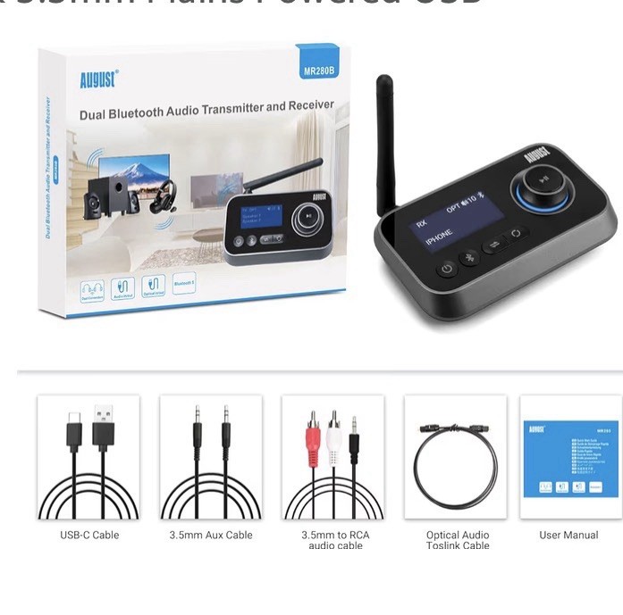 August MR280 Bluetooth 5.0 Transmitter Receiver TV Optical RCA NEW