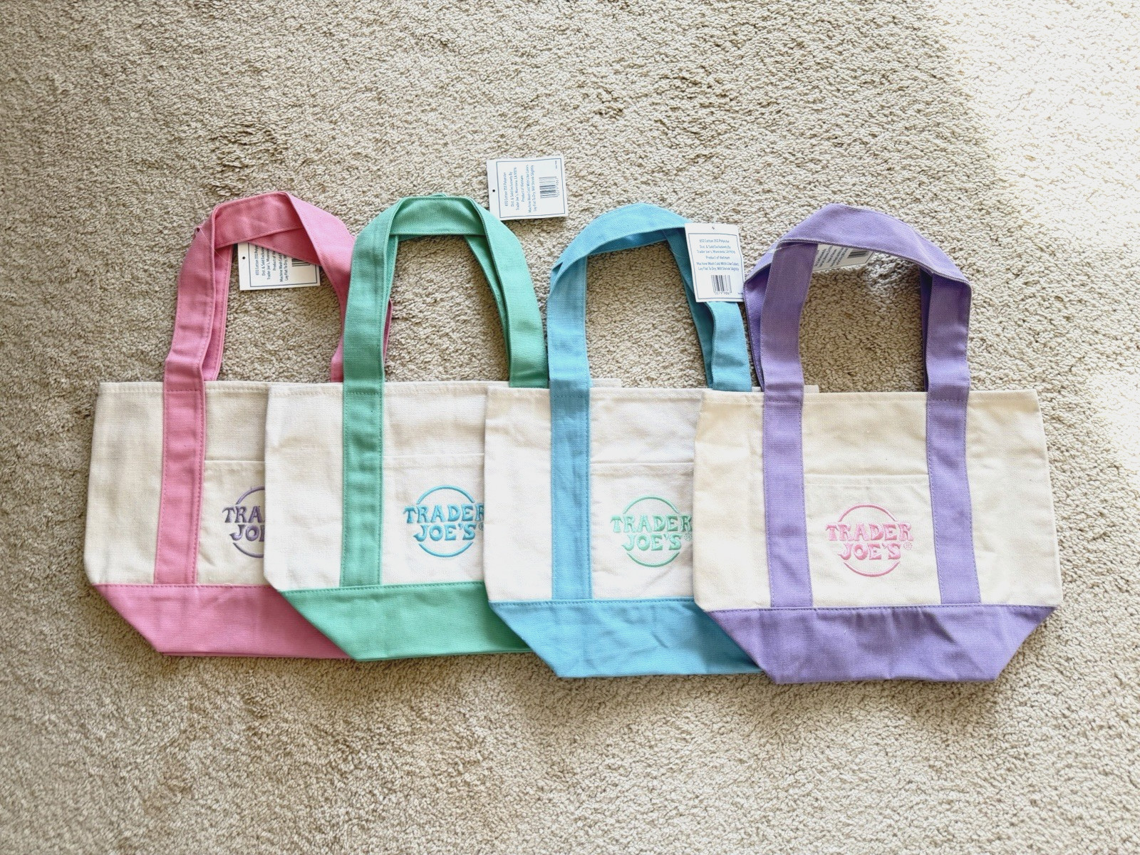 Trader Joe’s 2026 Spring Mini Pastel Canvas Tote Bags - Set Of 4 - READY TO SHIP