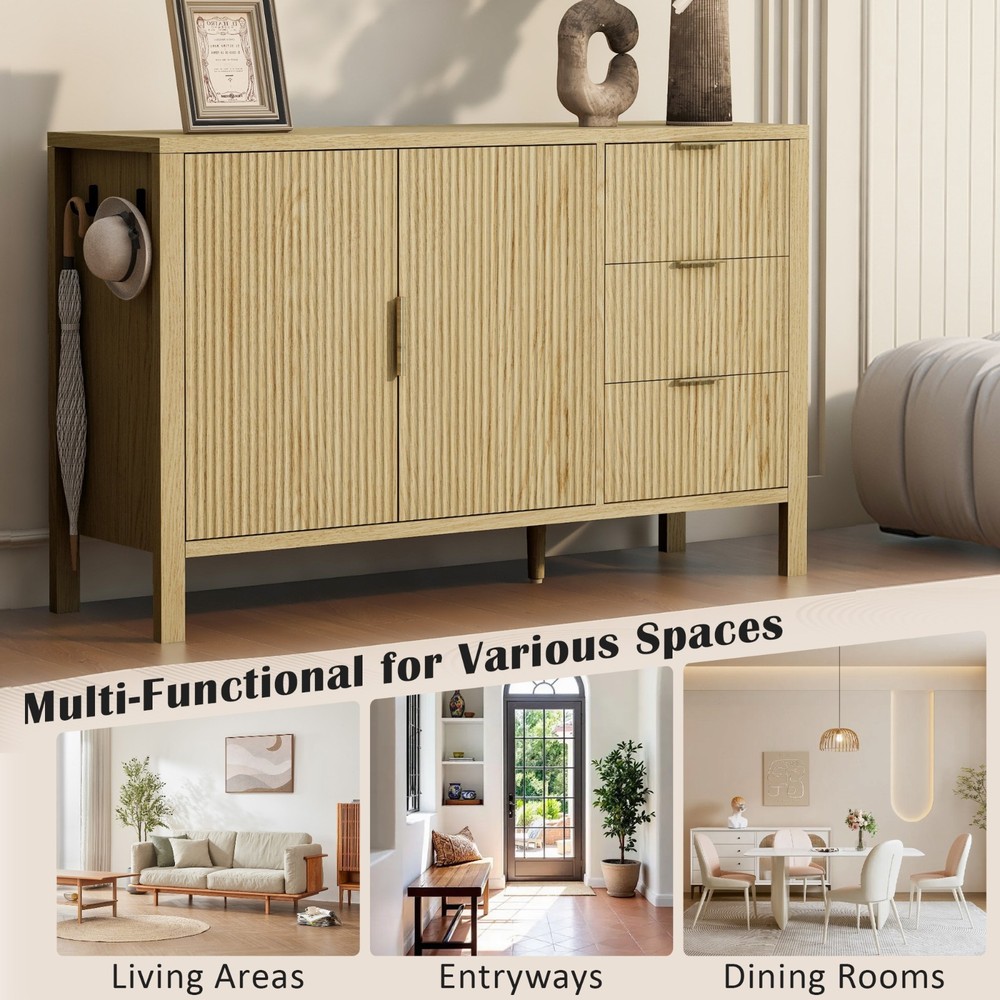 U-Style Modern Wave-Pattern Sideboard (3 Drawers, Hooks, Extra Leg, Large Storag
