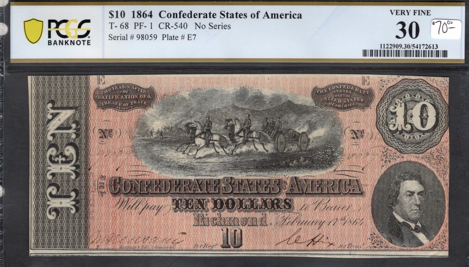 1864 $10 Confederate States of America- Richmond- PCGS Very Fine 30