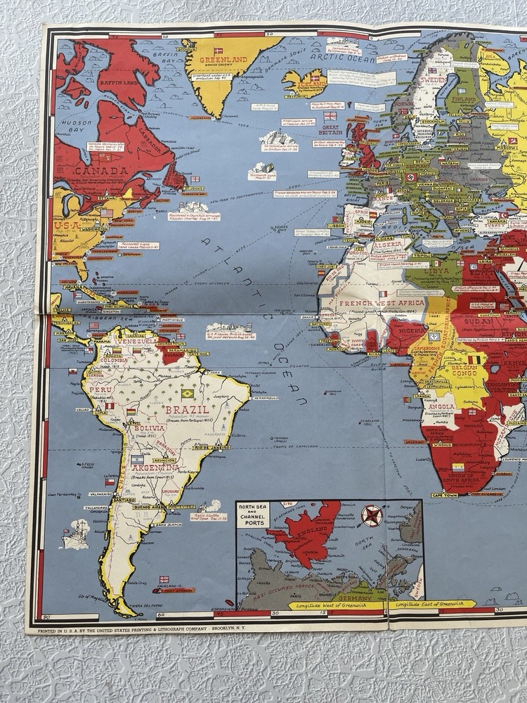 1942 Mid World War Map WWII Dated Events 17"x39" hardware store