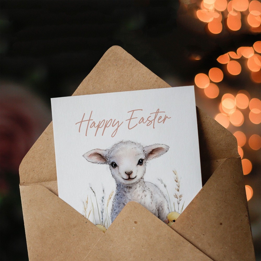 Happy Easter Greeting Card – Lamb, Chicks, and Eggs, Blank Inside