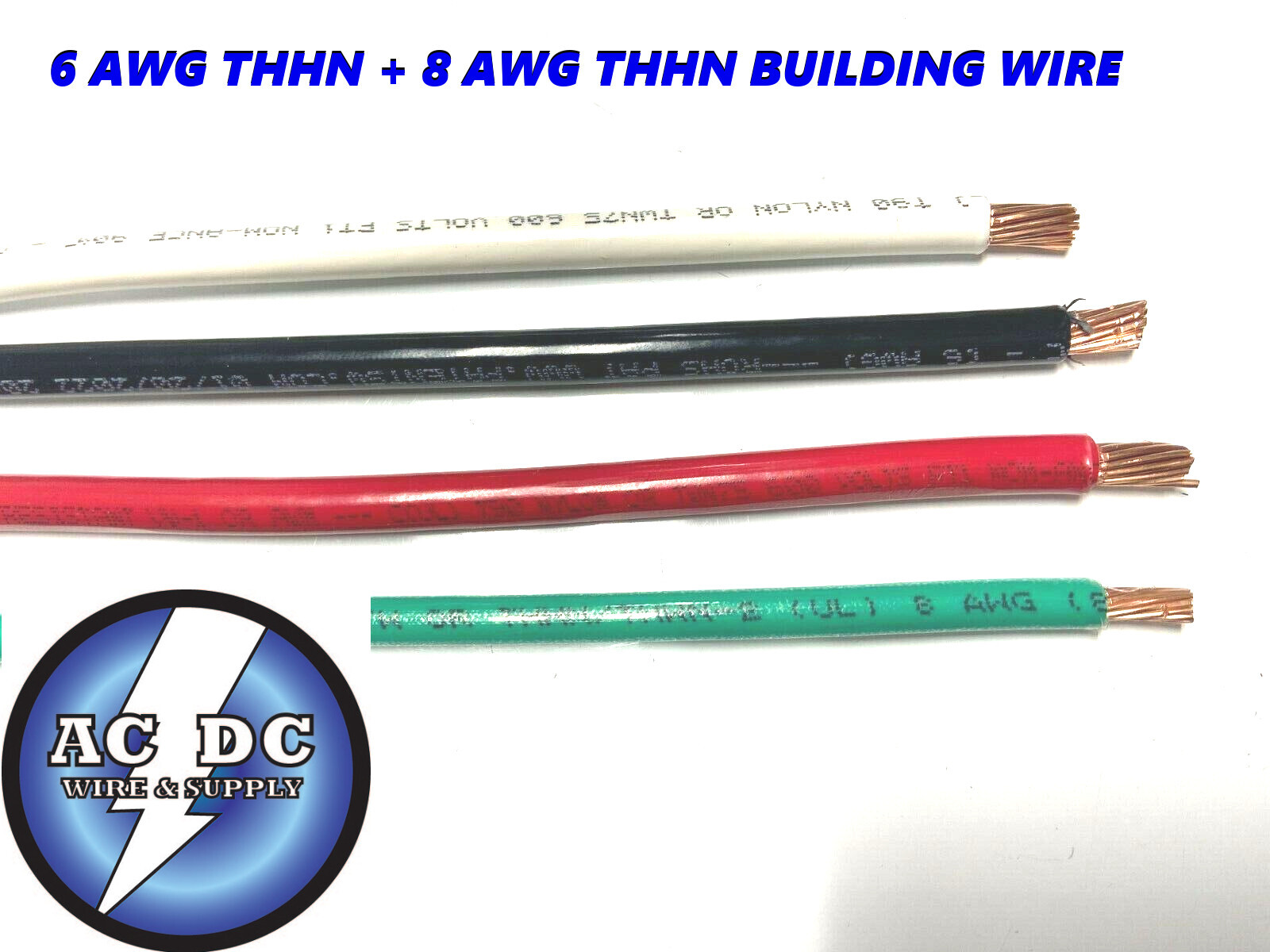 85' EA THHN THWN 6 AWG GAUGE BLACK WHITE RED COPPER WIRE + 85 8 AWG GREEN