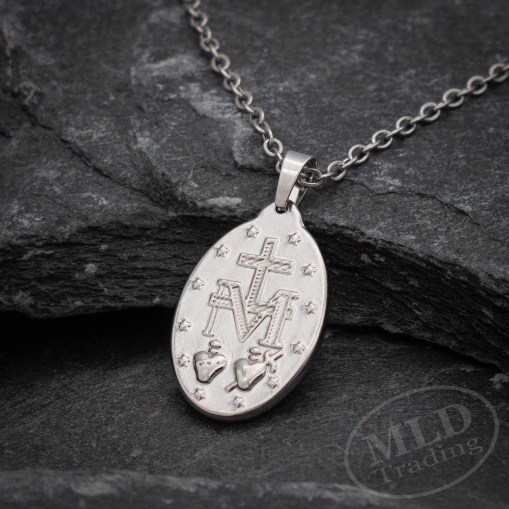 Miraculous Medal Necklace – Stainless Steel Virgin Mary Pendant – 18”+2” Chain