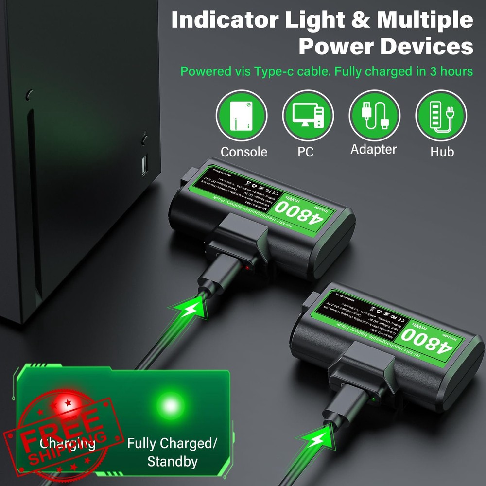 Rechargeable Controller Battery Pack Xbox 2x 4800mAh USB-C 4 Covers 2 Pack