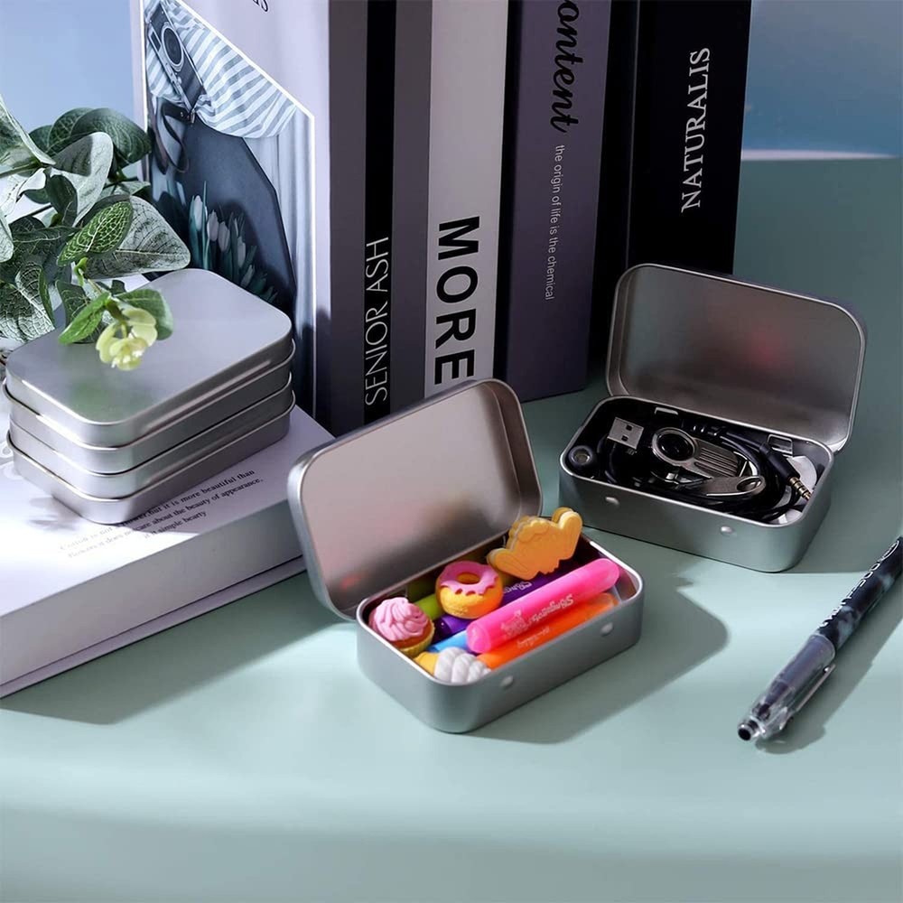 3Pack Silver Metal Rectangular Hinged Tins Containers Basic Necessities Mini ...
