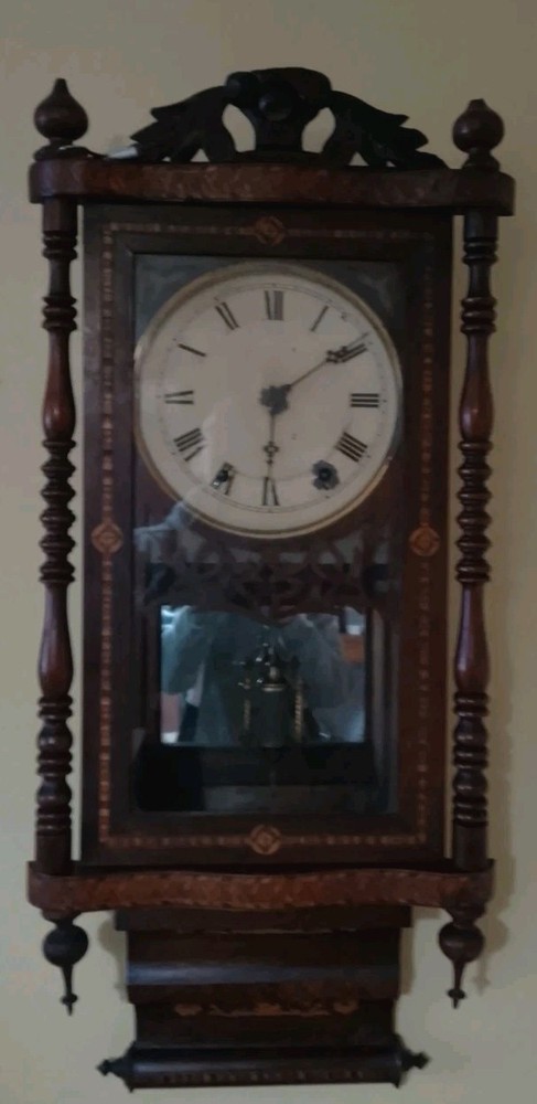 Antique New Haven Marquetry Drop Dial Wall Clock Working Order