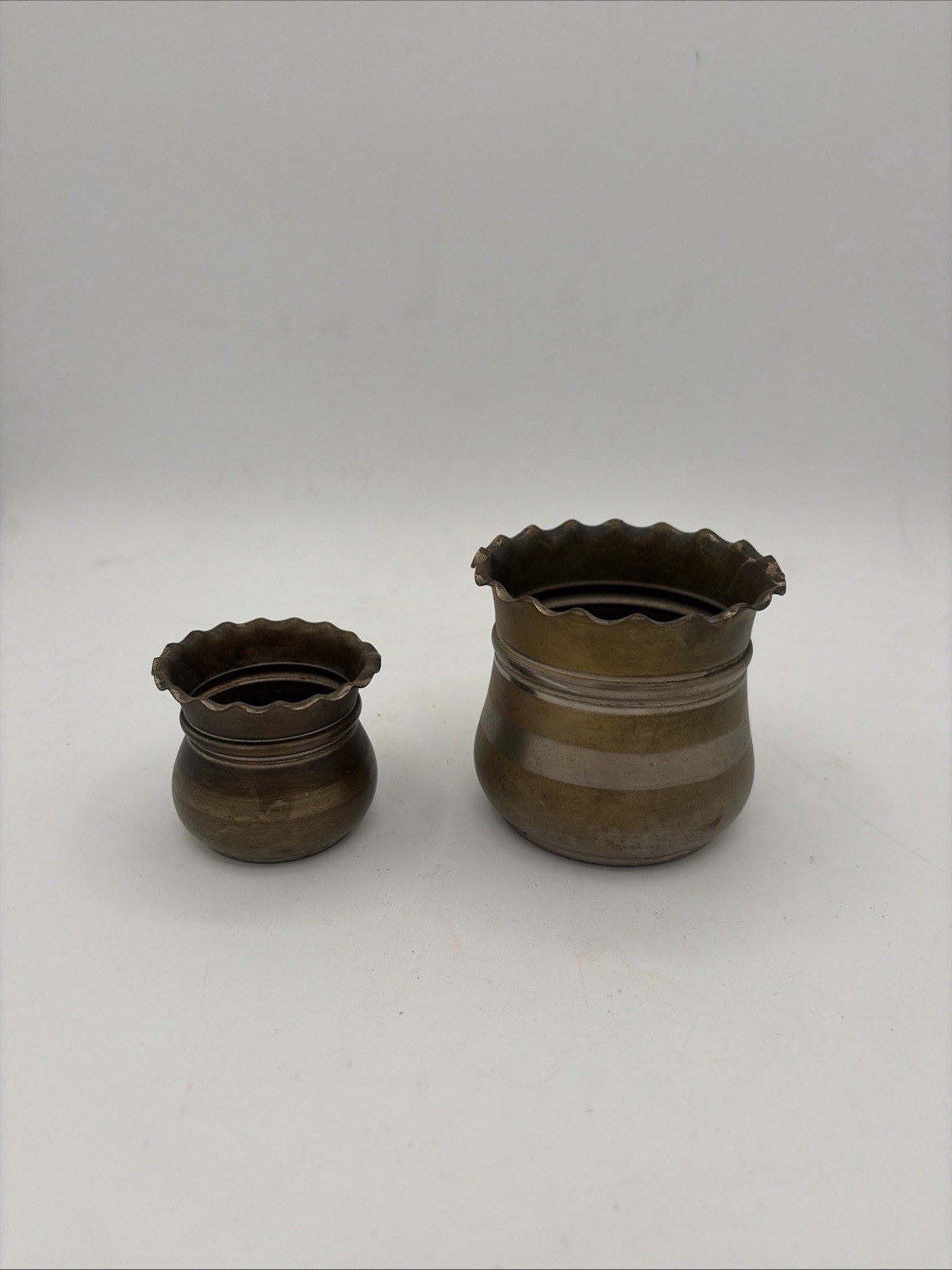 Vintage Ruffled Brass Small Planter Pot Set of Two (2)