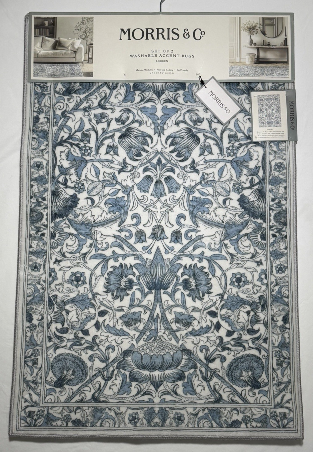 NEW Morris & Co 2 Piece Accent Rug Set Lodden Blue White 2'x5' Washable 24"x36"