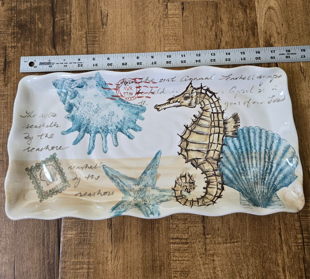 Maxcera STAMP SEAHORSE 17 1/2" Rectangular Ceramic Serving Tray