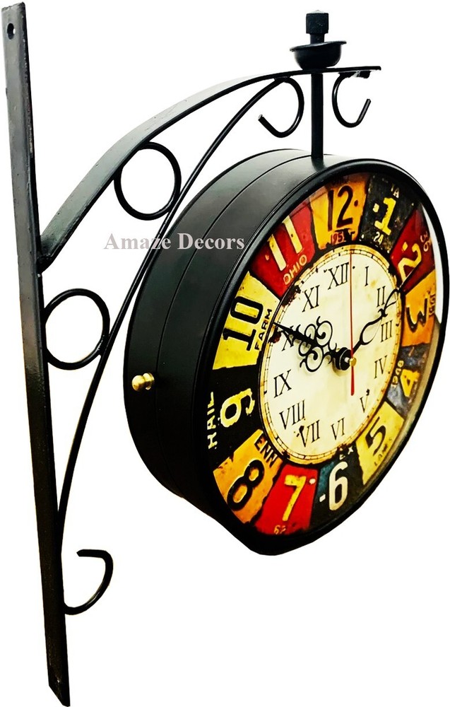 Double sided station wall clock Nautical Black Iron Dia Retro Double Sided