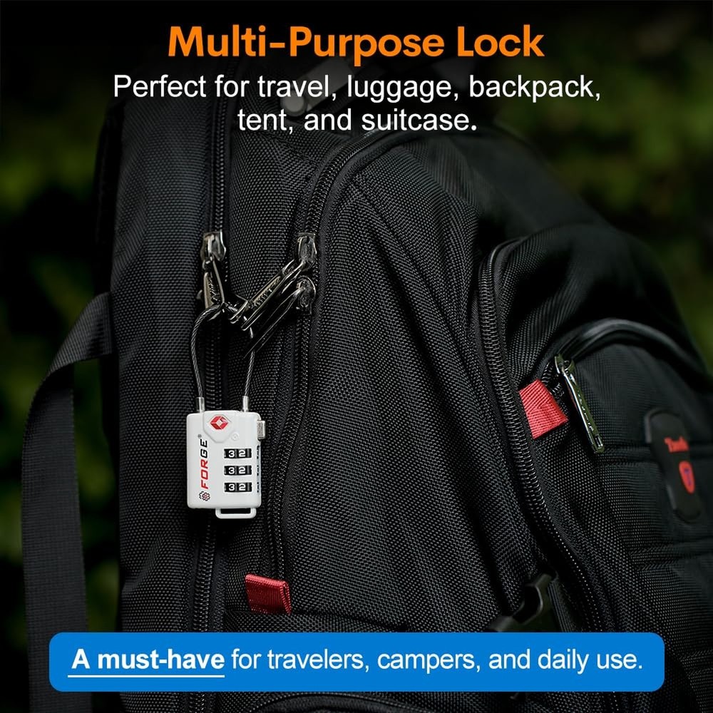 Forge TSA Approved Cable Luggage Locks, Re-settable Combination with Alloy Bo...