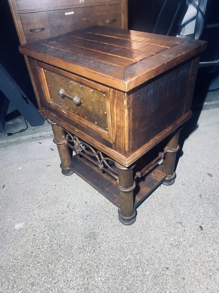 Rustic Solid Wood End Table w/ Storage Drawer & Brass Front – Vintage Spanish