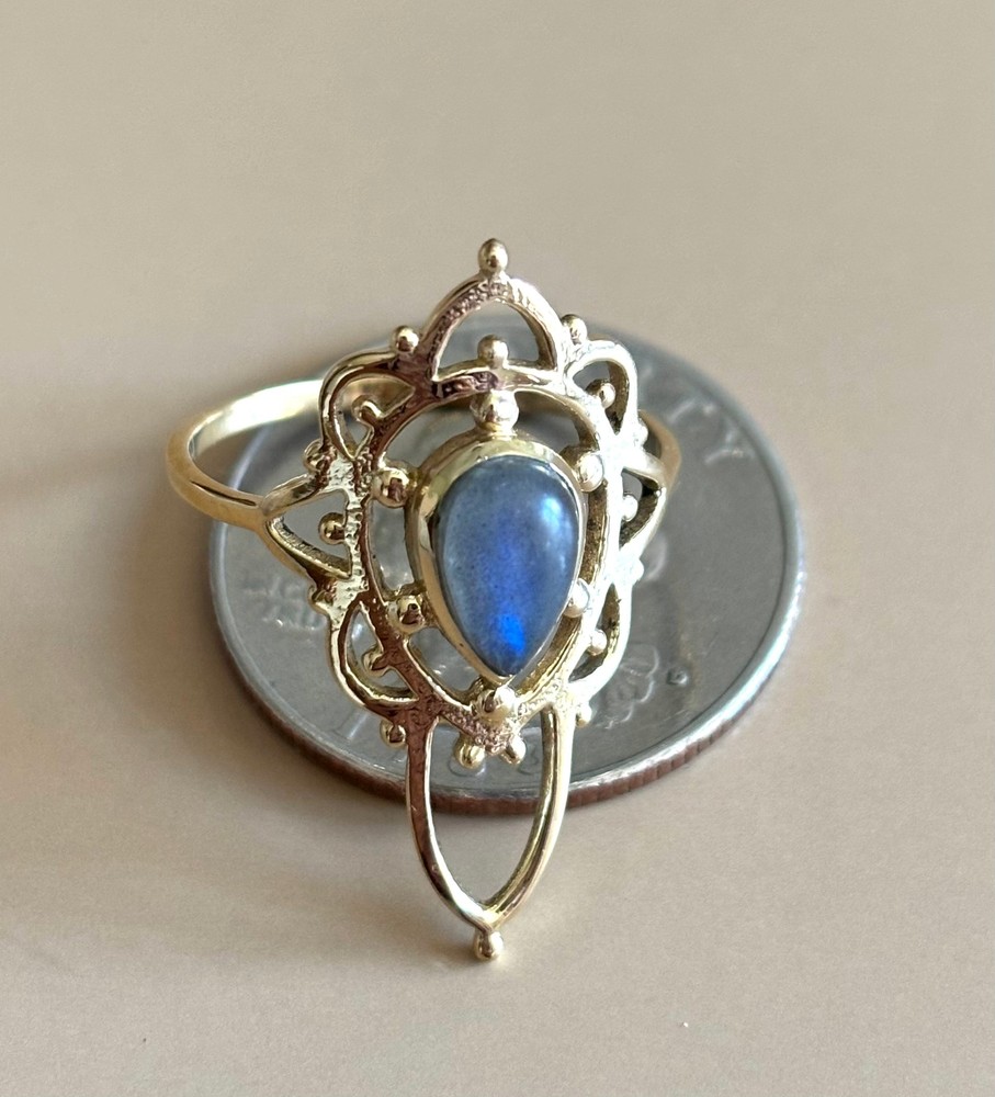 Decorated Brass Ring with Labradorite Stone
