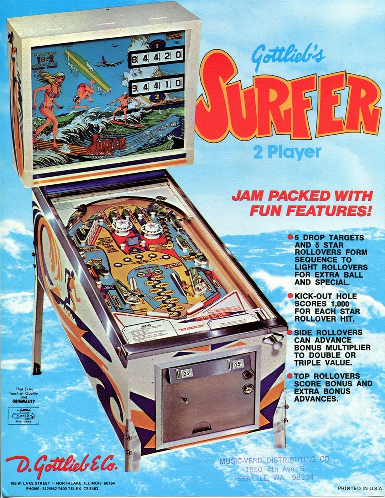 Surfer Gottlieb Pinball Flyer / Brochure / Ad Mint