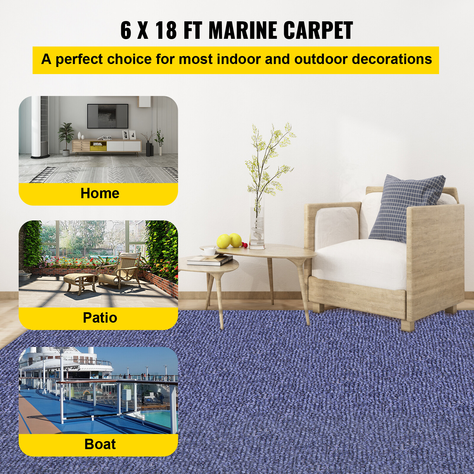 VEVOR 6'x18' Marine Carpet 32 oz Outdoor Bass Boat Carpet for Patio Deep Blue