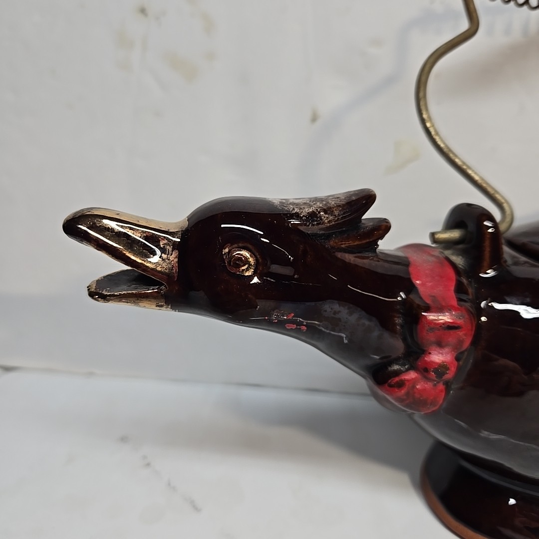 Vintage 1950's Redware Bird Shaped Teapot with Metal Spirl Handle 10in Long