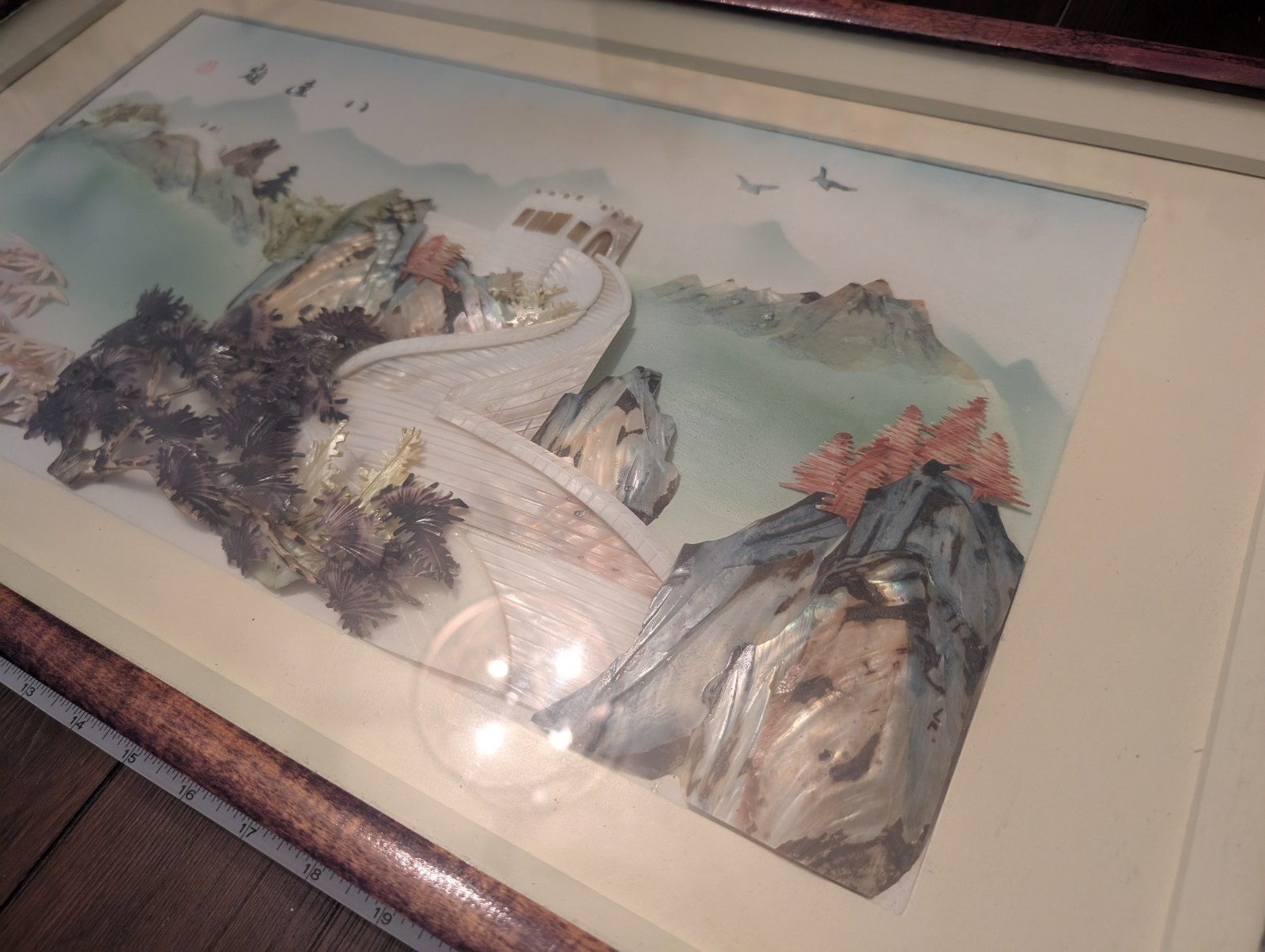 Vintage Chinese Mother Of Pearl Shell Porcelain Landscape 3D Painting Wood Frame