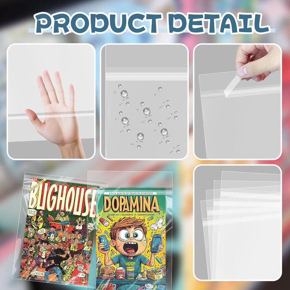100 Pack Resealable Current Size Comic Book Bags, Crystal Clear Self Sealing Com