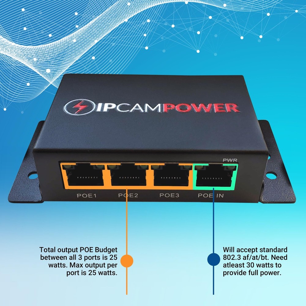 POE Powered 3 Port Switch & Network Cat5 Cat6 Midspan Cable Range Extender Pa...
