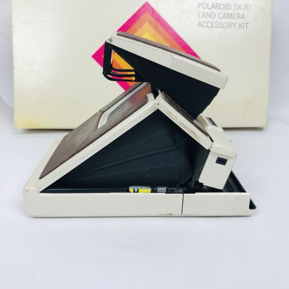 Polaroid SX 70 Land Camera Model 2 White Brown Body Untested, Accessory Kit Case
