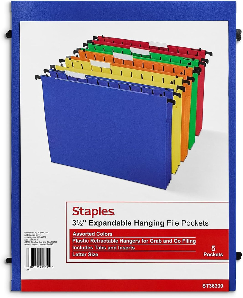 Poly Expanding Hanging File Pockets, Letter, Assorted, 5/Pack