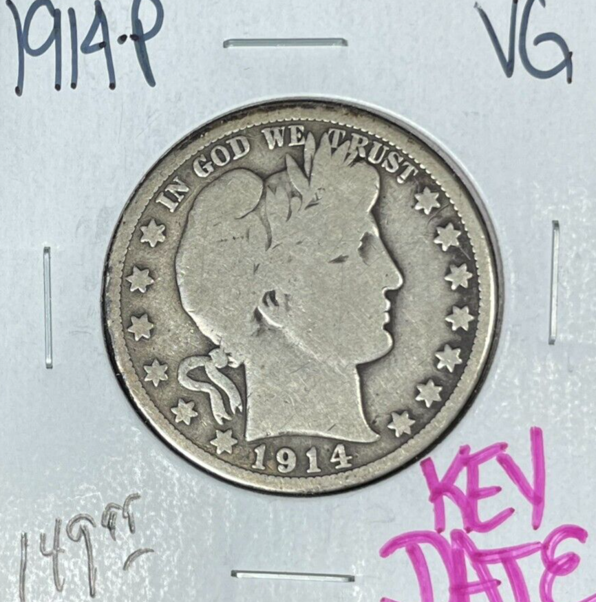 1914-P BARBER SILVER HALF DOLLAR ~ VG ~NICE KEY DATE COIN~
