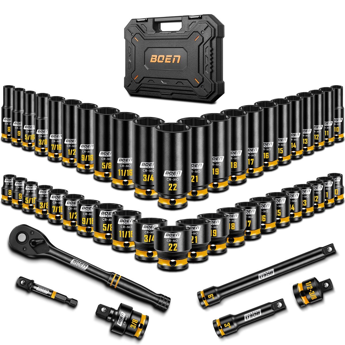 3/8'' inch Impact Socket Set, 50PCS SAE (5/16 to 3/4 inch) and Metric (8mm-22mm)