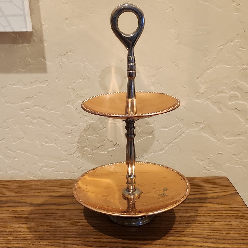 Copper Two-Tiered Tray with Decorative Beaded Edge Made in India